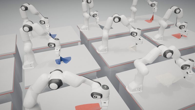 Twelve robot cells handling fabric in parallel simulation