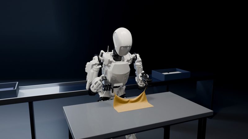 Humanoid robot folding a fabric panel at a workbench