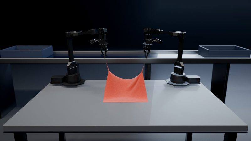 Dual-arm robot lifting a red fabric panel by its corners
